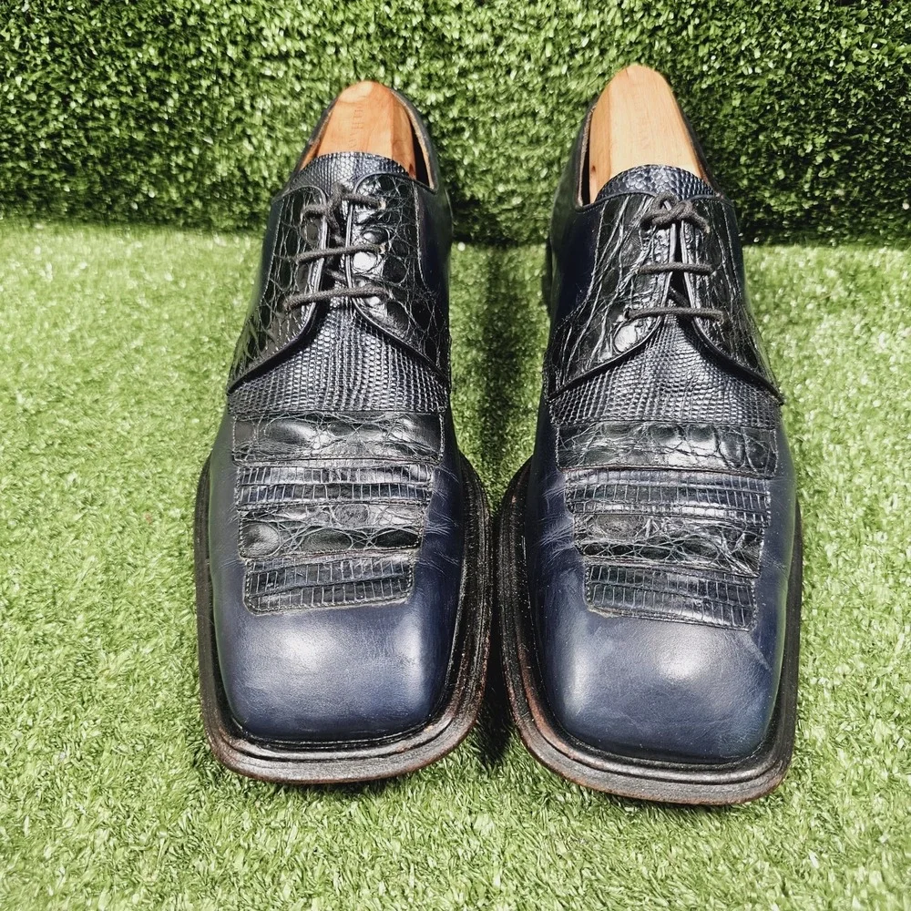 Mezlan Navy Blue Crocodile Leather Square Toe Oxford Dress Shoes Mens Size 9.5